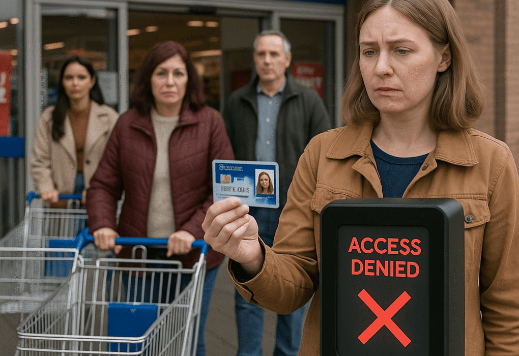 Woman denied entry at Tesco after scanning digital ID card showing access denied message, spoof political satire