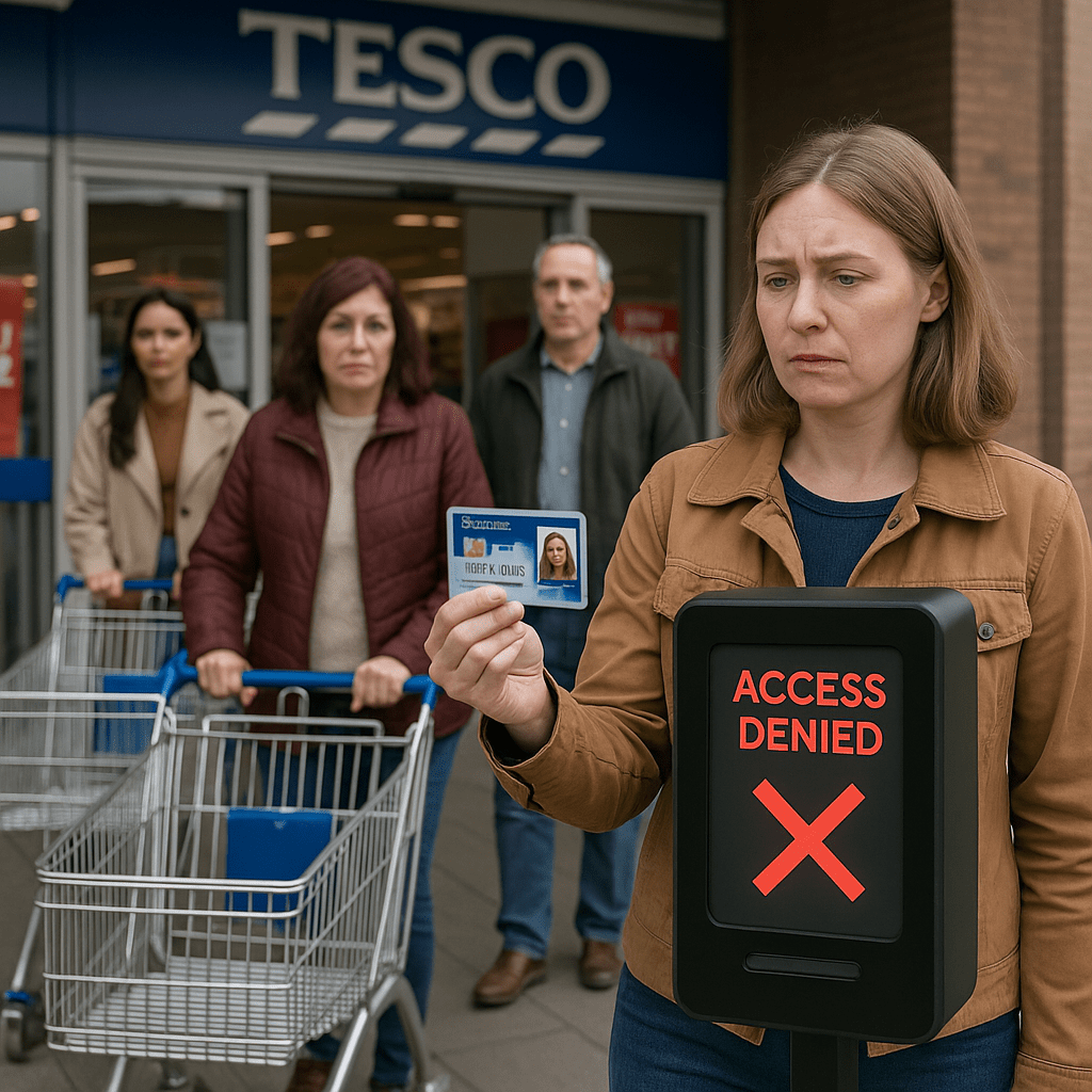 Woman denied entry at Tesco after scanning digital ID card showing access denied message, spoof political satire